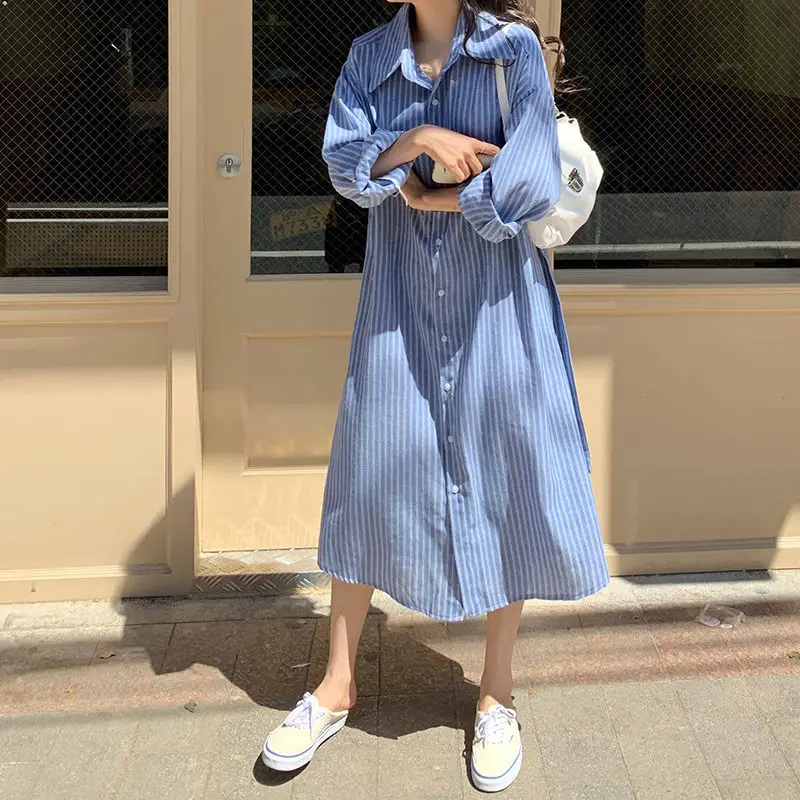 2021 New Long Striped Shirt Dress with Sashes Women Spring Lapel Collar Single Breasted Loose Midi Dresses