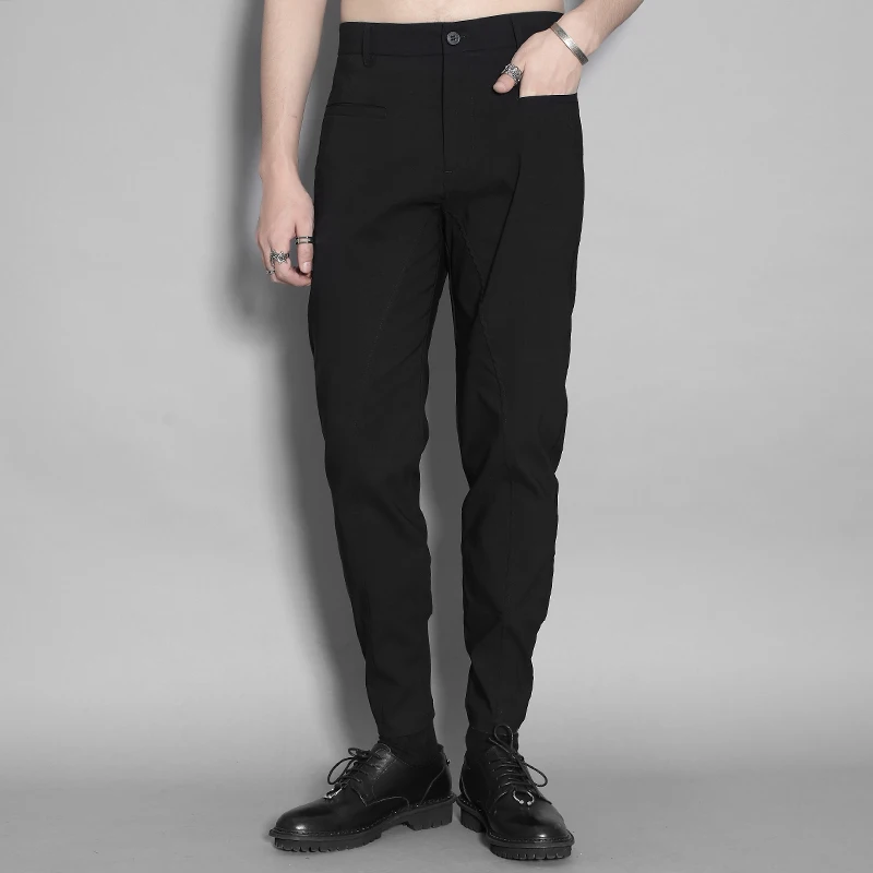 British personality splicing in spring and summer nine-point trousers slim feet stretch pants men's trend casual pants blac