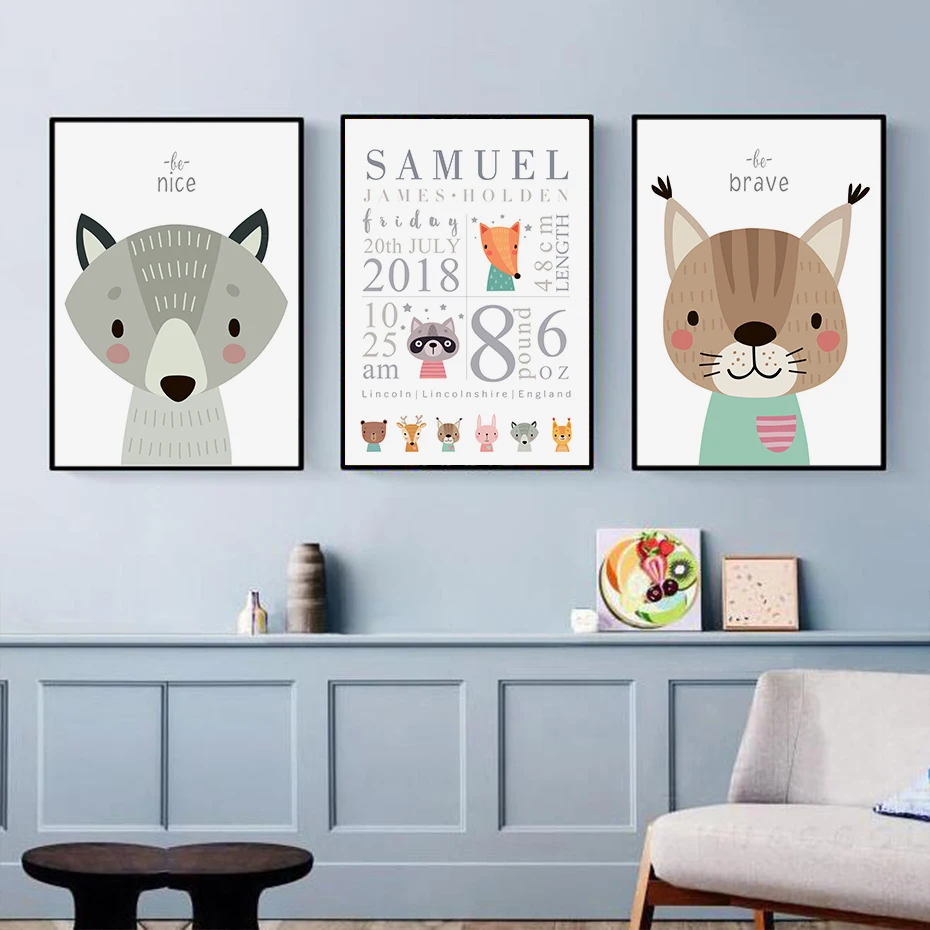 Cartoon Woodland Animals Personalised Birth Details Nursery Decor Wall Art Canvas Painting Prints Pictures Baby Room Decor