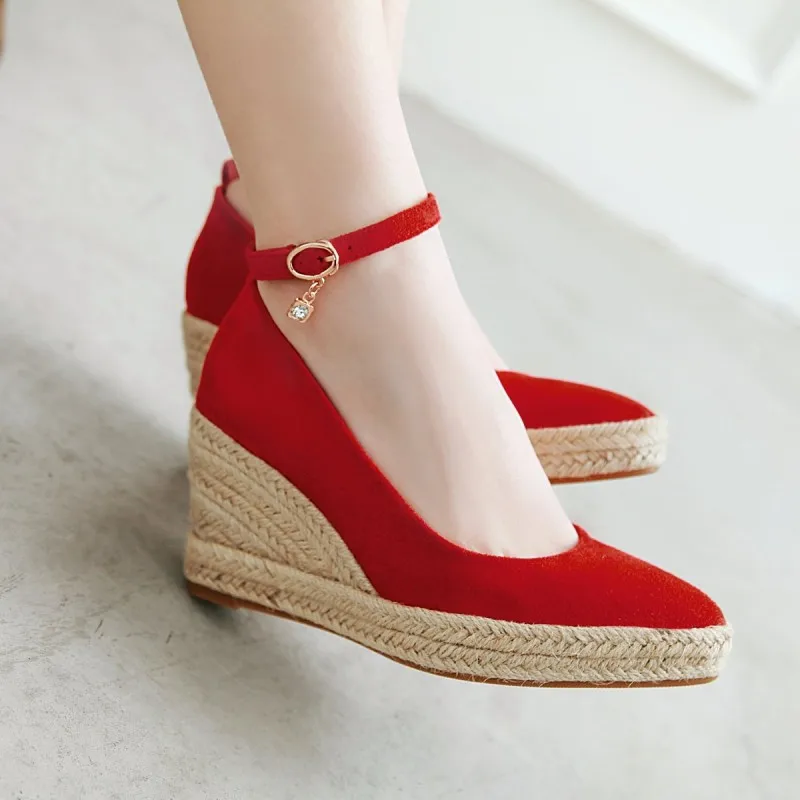 

Size 33 To 41 Women's Shoes Straw Wedges Heel Ladies Point Toe 8cm High Heels Shoes Red Wedding Shoes