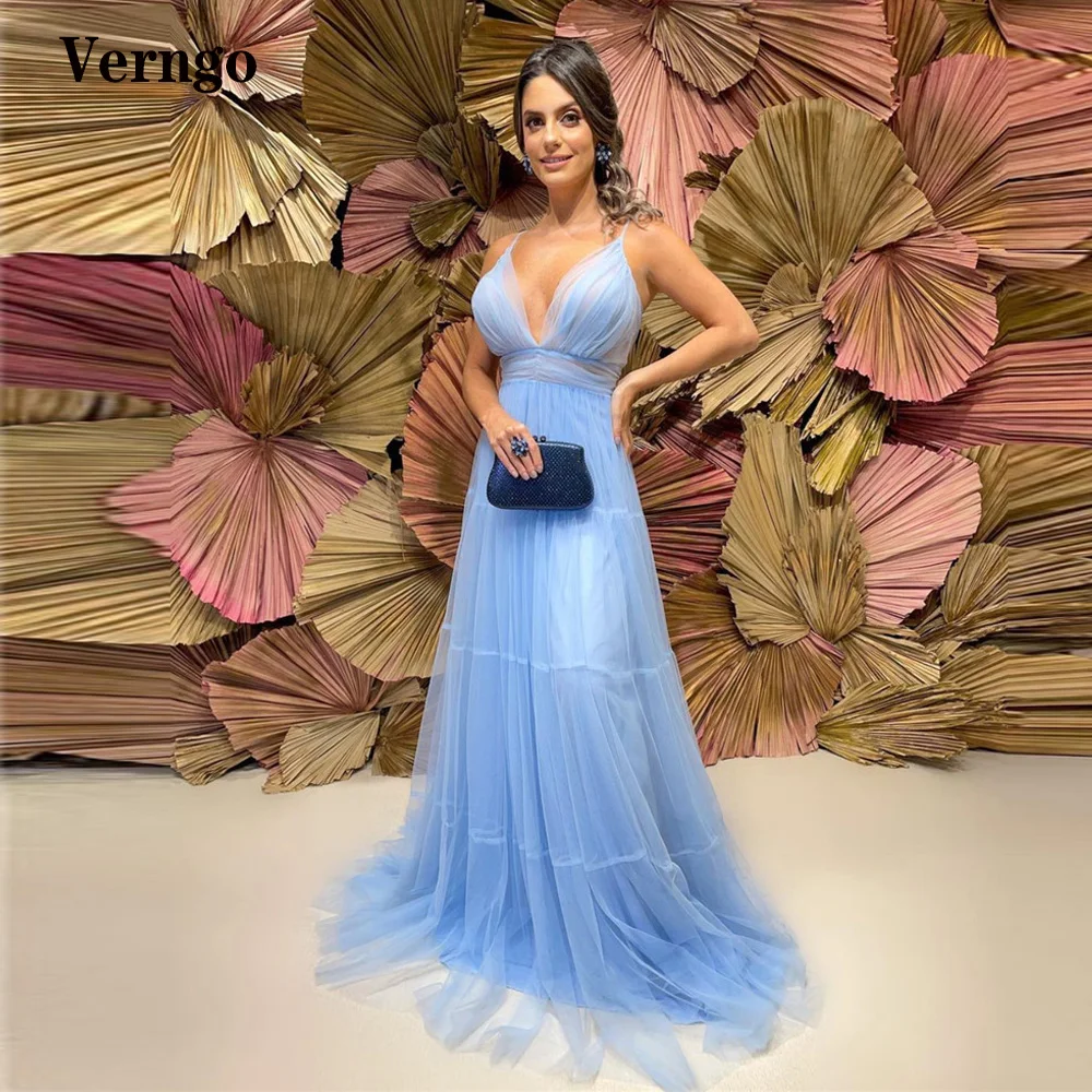 Verngo-vestido de fiesta largo de tul azul claro/lavanda, traje Formal con tirantes finos, Espalda descubierta, Sexy, para noche