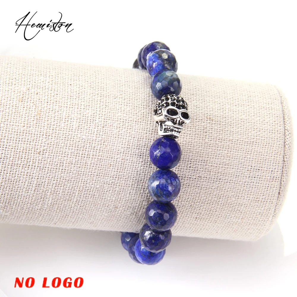 10MM TS Faceted Lapis Beads Elastic Bracelet with Skull Bead, European Rebel Heart Jewelry Gift for Men TS B251