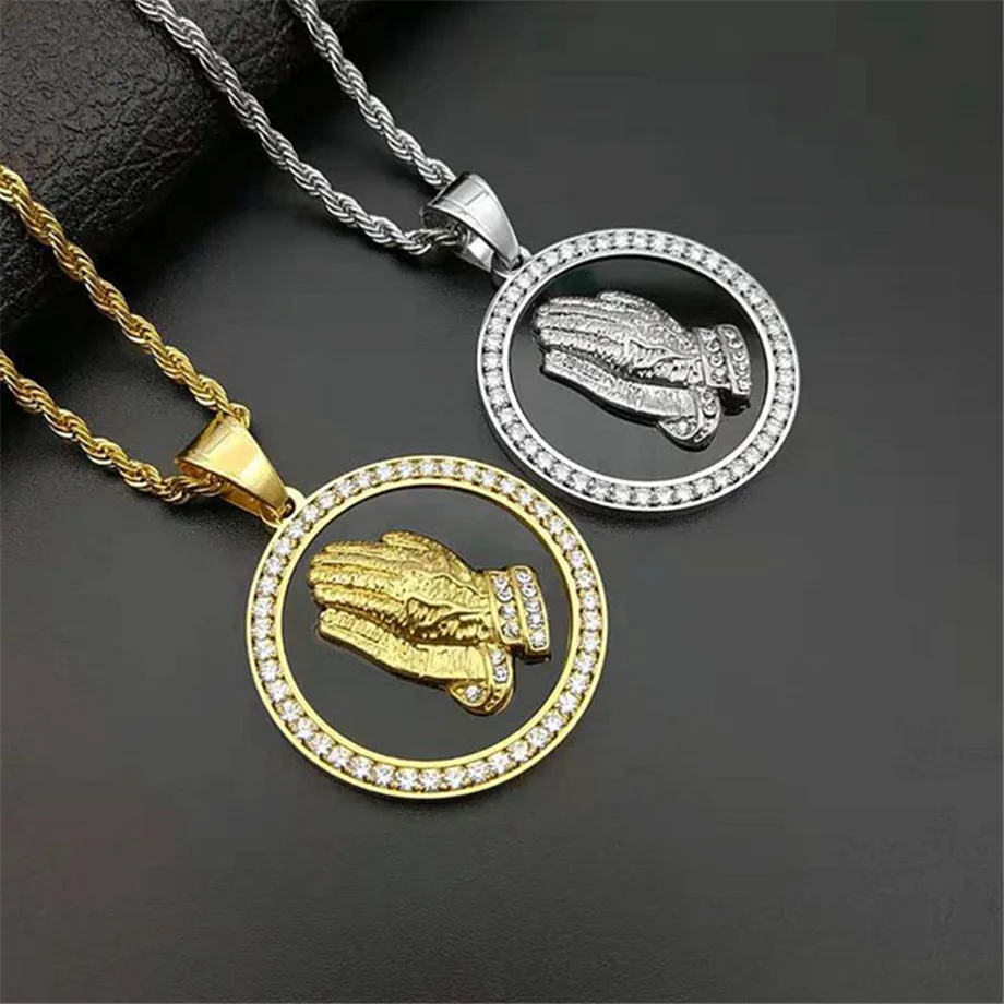 

Iced Out Praying Hand Pendant Necklace For Mens/Women Gold Color Stainless Steel Hip Hop Charm Jewelry Necklace Chain For Gifts