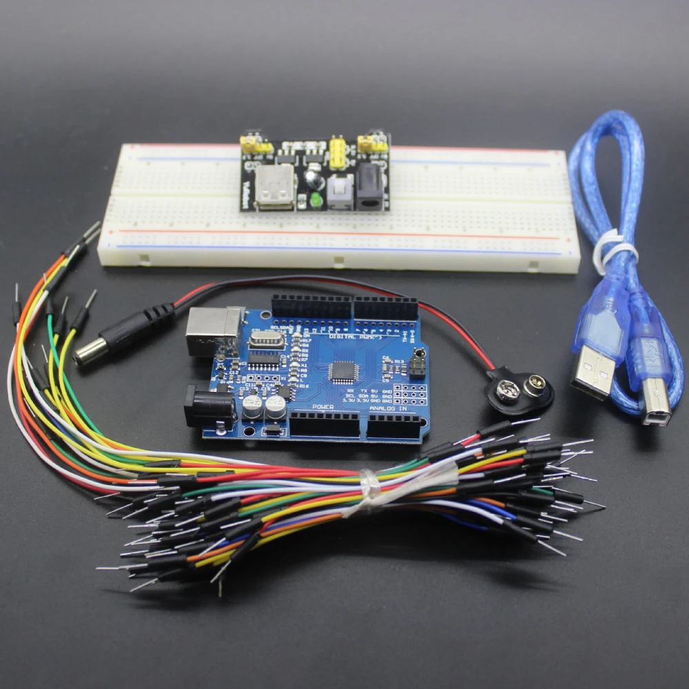 

starter Kit R3 MB-102 830 points Breadboard, 65 Flexible jumper wires , USB Cable and 9V Battery Connector