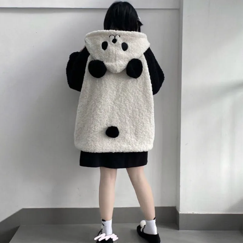 Winter Kawaii Hoodies Women Panda Ears Hooded Sweatshirt Plush Balls Zip-up Loose Cute Sudadera Teenager School Girls JK Clothes