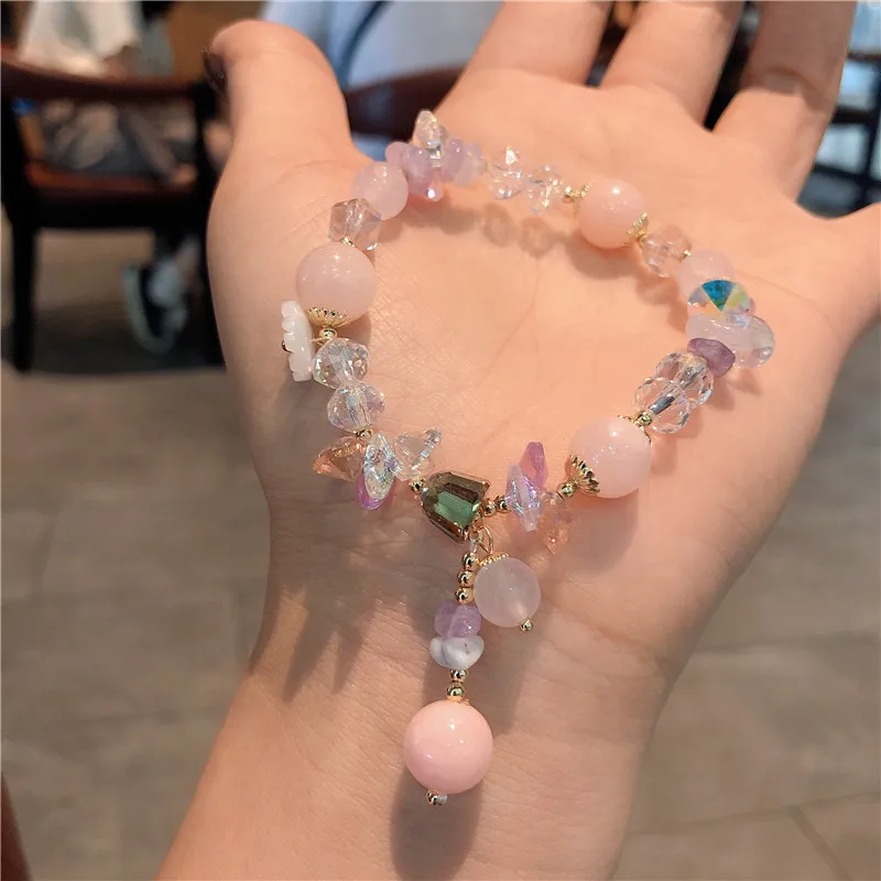 

Wind Chime Flower Charm Pink Crystal Natural Crushed Stones Beaded Bracelets for Women Girls Fashion Jewelry Accessories YBR507