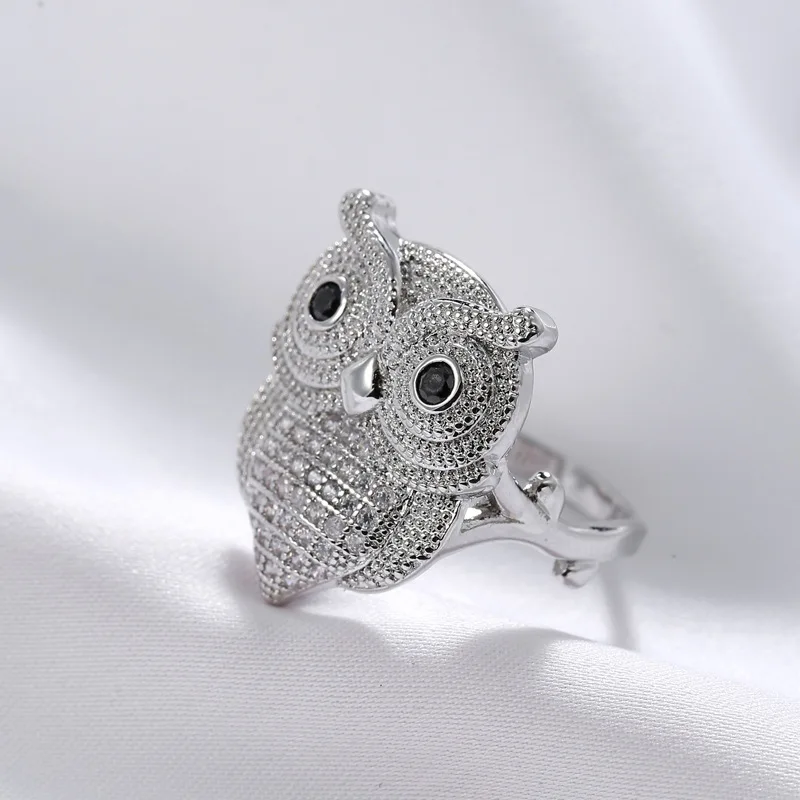 Punk Silver Color Sticky Owl Finger Ring Women Clear AAA CZ Ring Promise Wedding Statement Ring Jewelry Bague Anillos