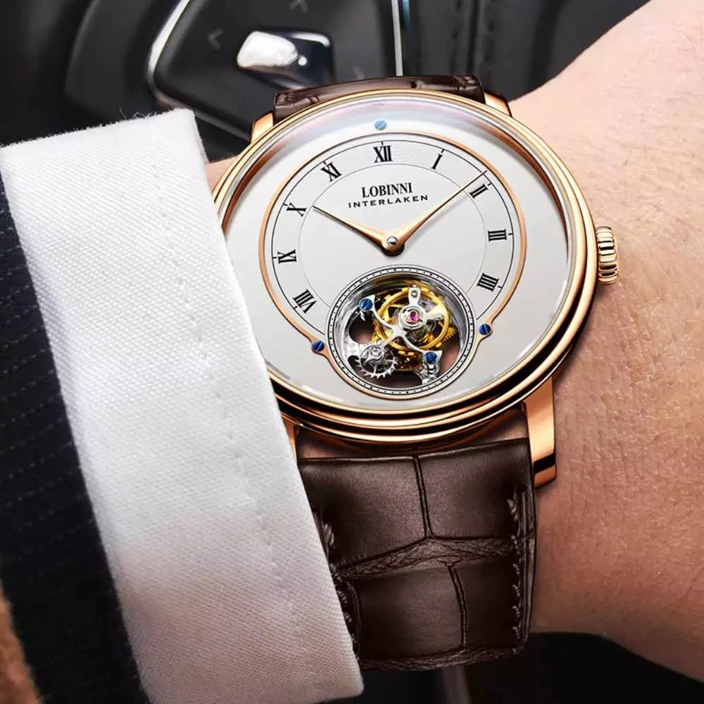 LOBINNI luksusowe prawdziwe męskie zegarki mechaniczne z tourbillonem obudowa ze stali nierdzewnej 316L dwustronny wodoodporny zegarek ze szkła szafirowego