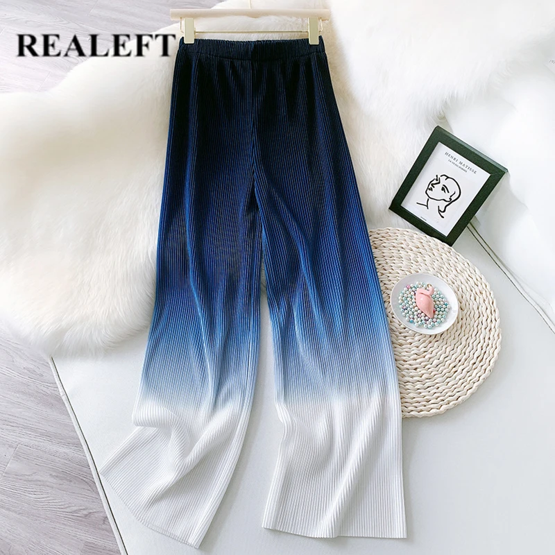 

REALEFT 2021 New Summer Stylish Gradient Women's Pleated Long Pants Elastic Waist Loose Chic Female Wide Leg Trouses Ladies