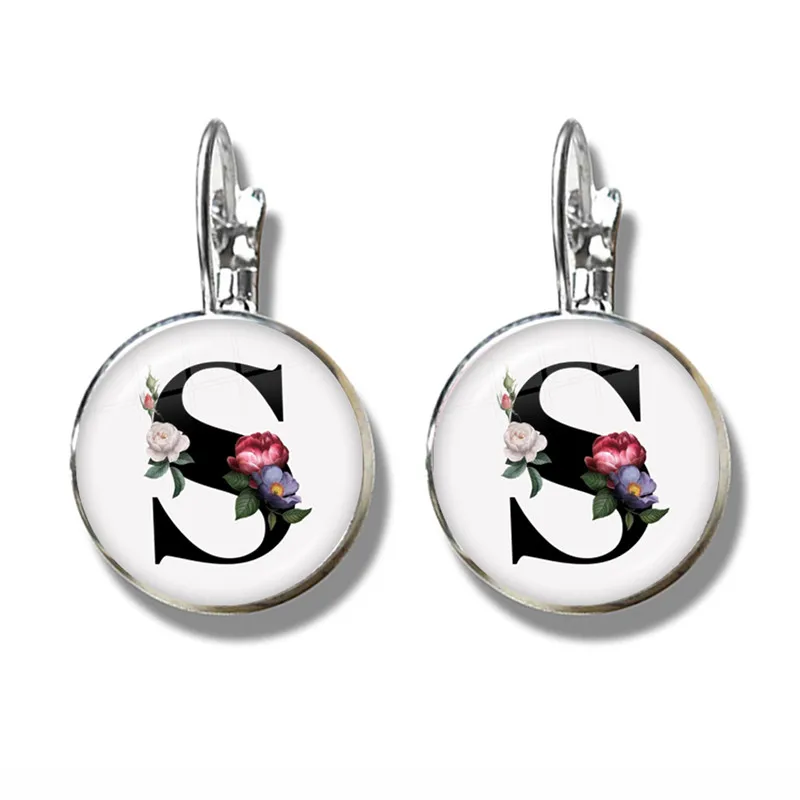 جديد بسيط A-Z 26 الإنجليزية الأبيض خلفية زهرة إلكتروني أقراط الأولي اسم إلكتروني تصميم زجاج دائري أقراط النساء #2