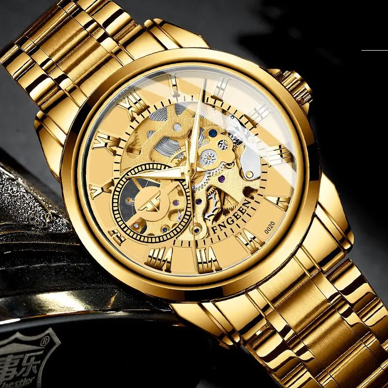 

FNGEEN Classic Men Watch Golden Skeleton Automatic Mechanical Wristwatches Waterproof Mesh Band Fashion Men's Watches Relogio