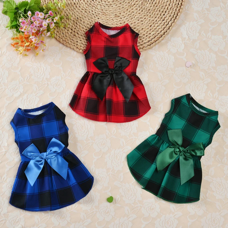 2021 Christmas Dog Plaid Skirt Sweet Dog Bowknot Princess Dress Pet Princess Clothes For Small Dogs Pet Plaid Skirt Pet Supplies