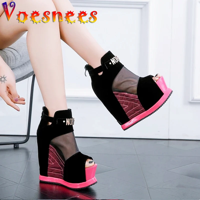 2021 Shoe Wedge Female Flock Ankle Boots ZIP Thick Bottom Peep Toe Women Shoes Mesh Sexy Hollow High Slope Summer Shoes Ladies