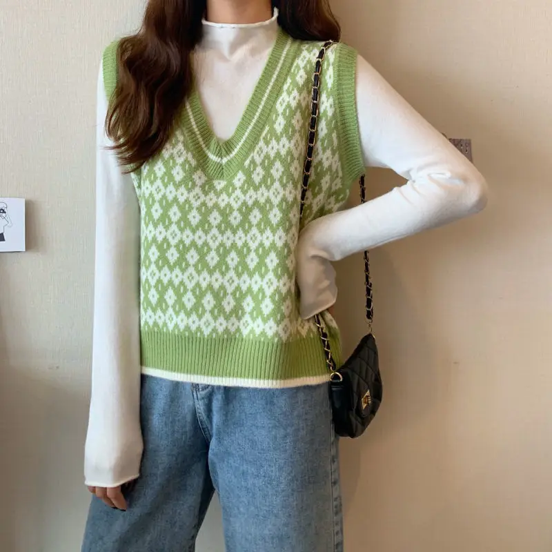 Imagem -04 - Blusas Coletes Mulheres de Malha com Decote em v Argyle Sweater Vest Womens Pullovers Estilo Coreano sem Mangas Casual Solto Moda Chique