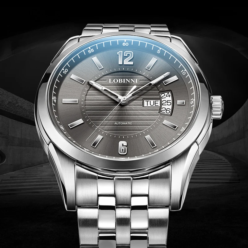 LOBINNI العلامة التجارية الفاخرة الرجال ساعة الرجال الياقوت الزجاج مقاوم للماء ساعة ميوتا التلقائية الميكانيكية ساعات المعصم ساعة التقويم