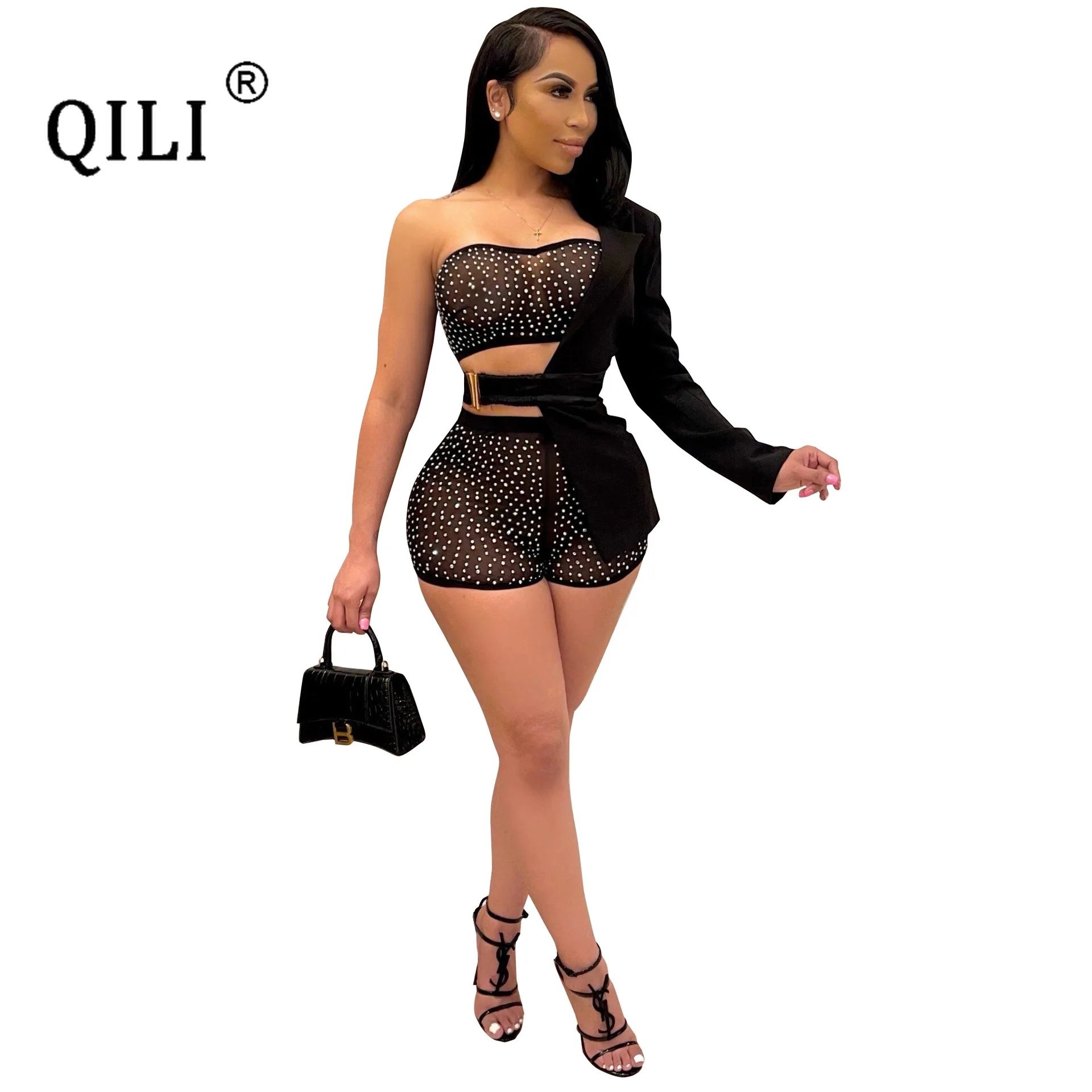 QILI-Diamonds Mesh Short Set for Women, One Shoulder, Sexy Top, Shorts, Suit, Matching Outfits, New Style