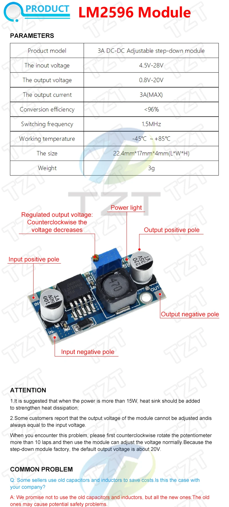 LM2596s DC-DC Step-Down-Stromversorgungsmodul 3A einstellbares Step-Down-Modul LM2596 Spannungsregler 24V 12V 5V 3V – Detail 7