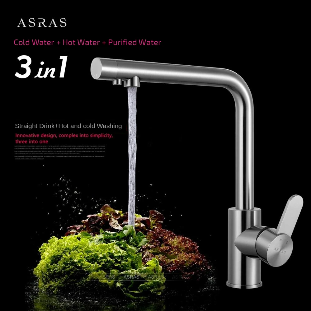 

Asras 3040 SUS304 Stainless kitchen faucet Multifunction Rotatable sink tap hot and cold purification 3-in-1 Wash basin mixer