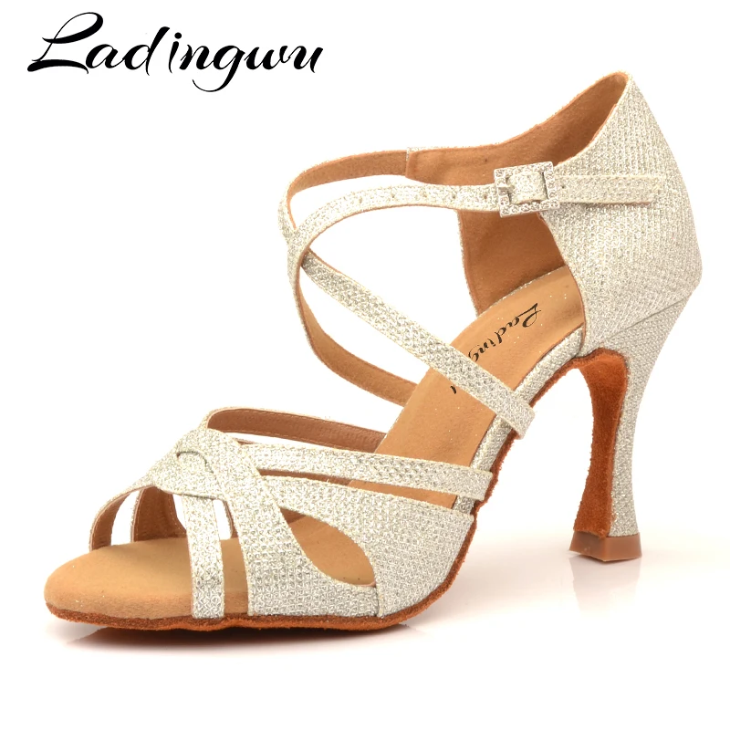 Ladingwu Sıcak Salsa Dans Ayakkabıları Kadın Açık Mavi Glitter kumaş Latin Balo Salonu Parti Yumuşak Alt Dans Ayakkabıları Topuk 6- 10cm