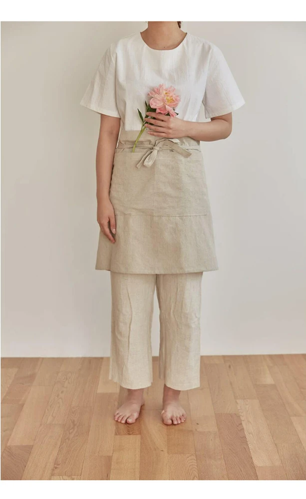 Japanese-style Korean-style half-length apron linen fabric Japanese and Korean simple fashion embroidered printing