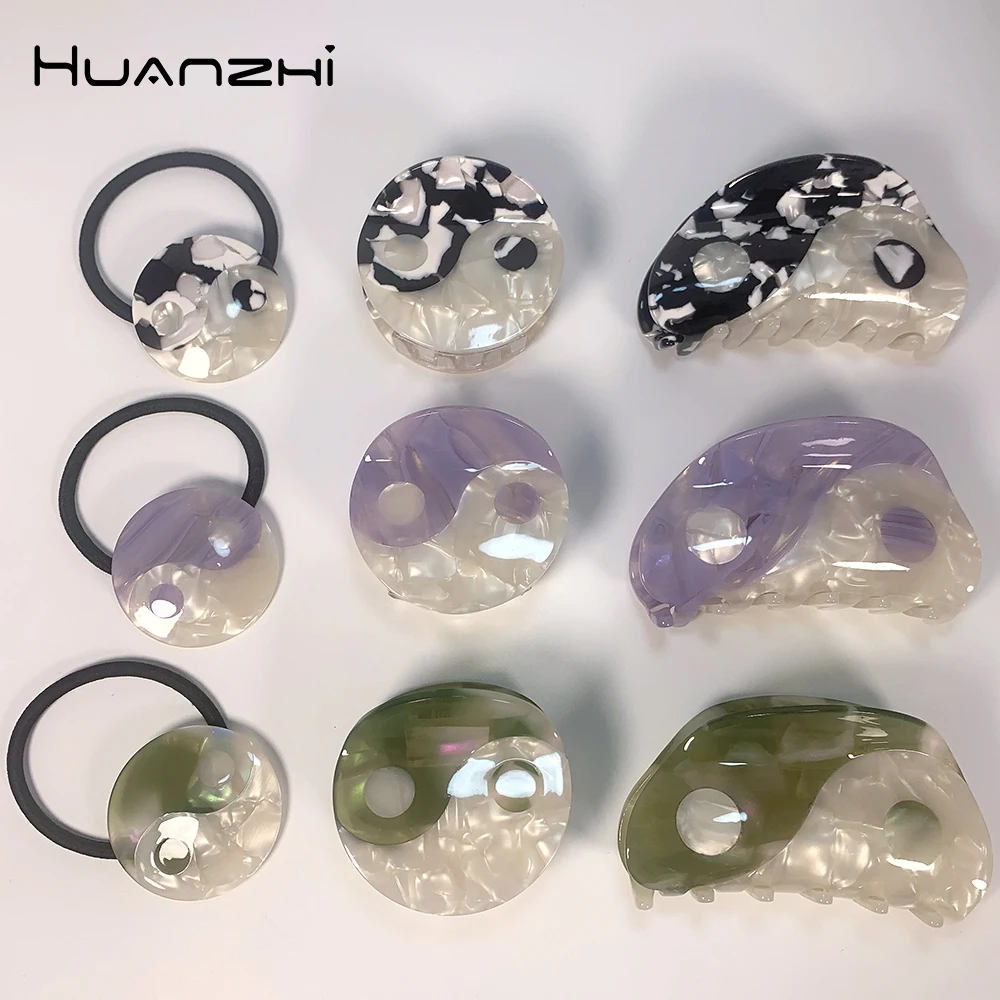 HUANZHI-Grampo de cabelo vintage para mulheres, roxo, verde, yin yang, redondo, semicírculo, acetato, tai chi hairpin, acessório headwear, novo