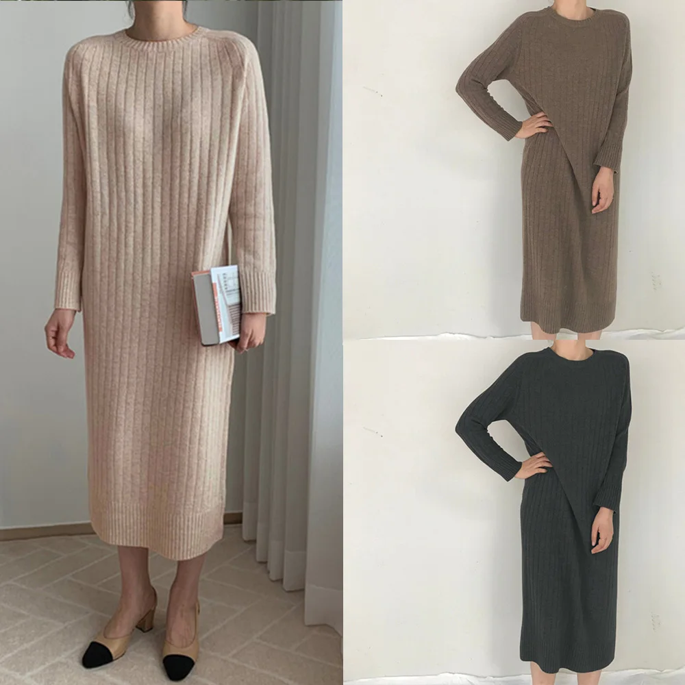 

Loose Chic Solid Sweater Dress Women 2022 Thick Woman Knitted New Warm Korean Winter Pollover Jumper Dresses Casual Vestido Midi