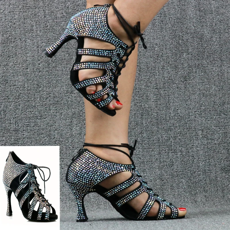 

Loogtshon blue Rhinestone ballroom dance shoes women Salsa dance shoes women Professional tango Latin Shoes style high heels