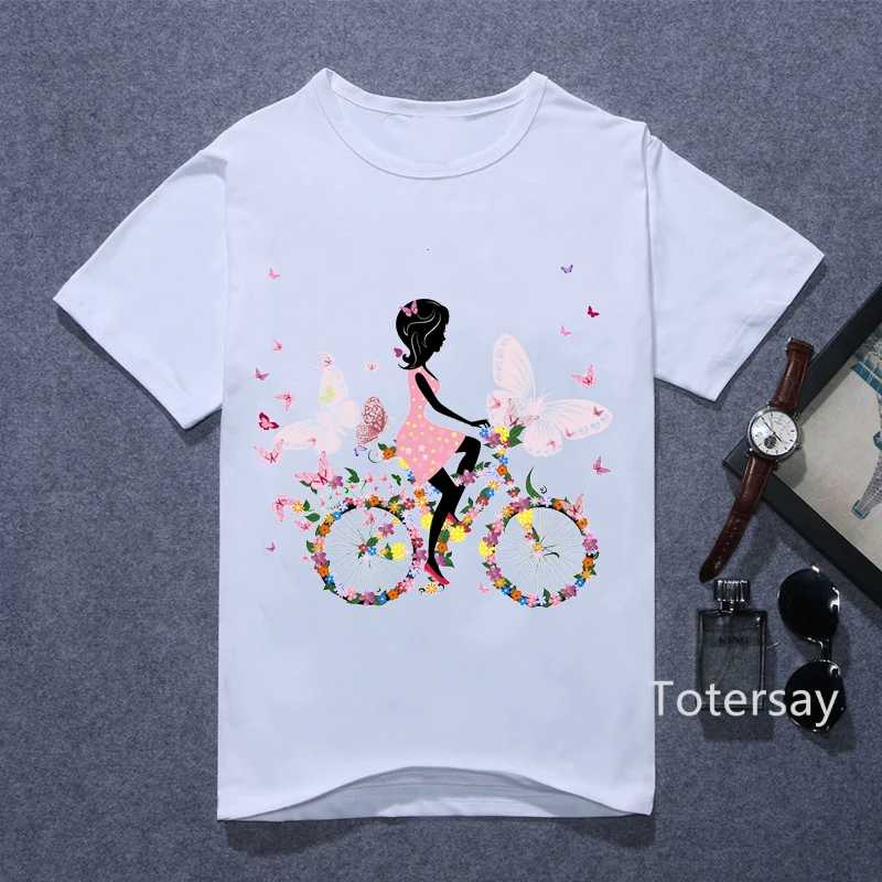 New Ladies Cycling Flower Girl Print t-shirt Trend Style O-neck t shirt Summer Short Sleeve Casual Street Wear White tshirt tops