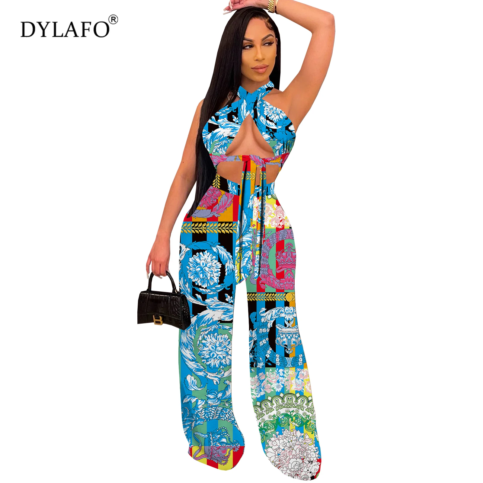 

Summer 2021 New 2 Piece Sets For Women Sexy Slash Neck Backless Crop Top Bandage Wide Legged Pants Women Fashion Suits Outfits