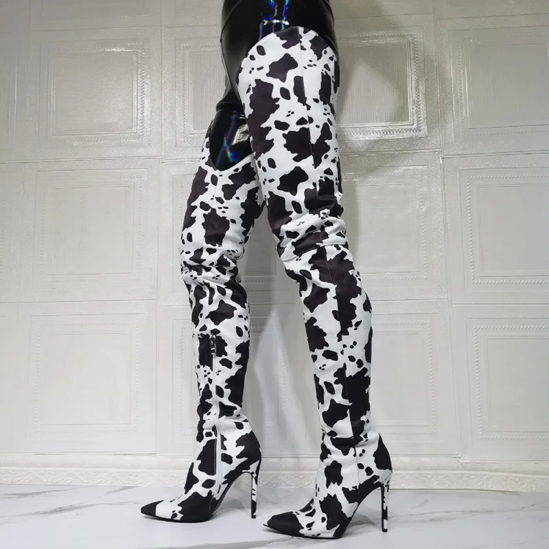 Cow Print Stretch Boots Stiletto Heel Shoes Women Pointy Toe Side Zip Sexy Thigh High Boots Super Long Big Size 47