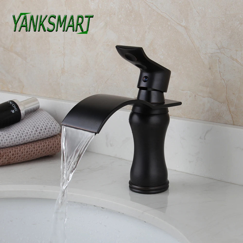 

YANKSMART Oil Rubbed Bronze Black Basin Sink Bathroom Single Handle Faucet Deck Mounted Cold And Hot Mixer Waterfall Tap