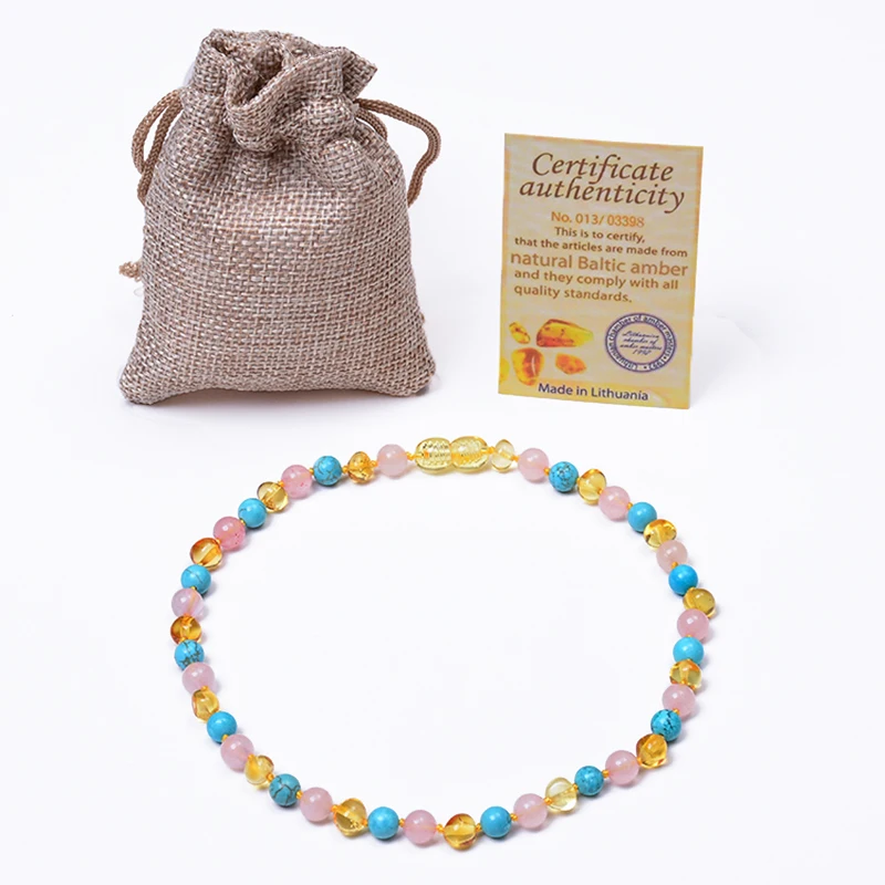 Certified Natural Baltic Ambers Baby Teething Necklace Multicolor Turquoise Powder Crystal Ambers Beads Necklace Jewelry 33cm