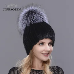 JERYAFUR Double Warm Real Natural Mink Fur Hat Women Mix Color Silver Fox Fur Female Winter Hat Double Pompoms Luxury Hat