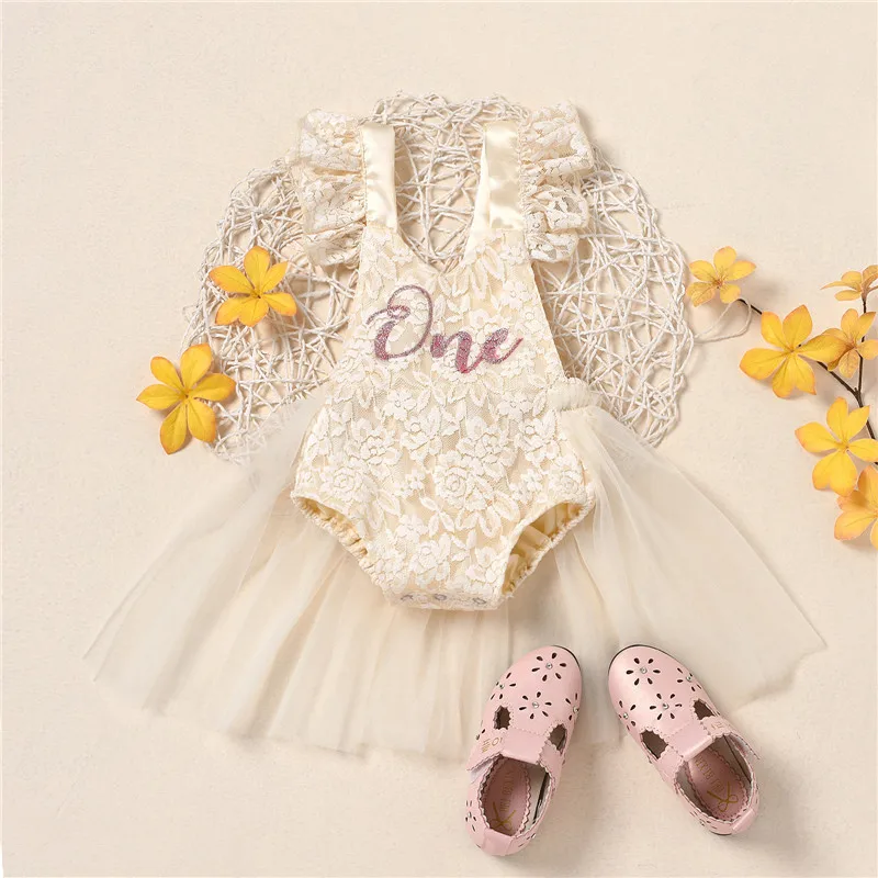 Toddler Girls Baby Jumpsuits Tulle Dresses Baby 1 Year Birthday Christening Lace Girls Tulle Dress Kids Infant Party Outfits