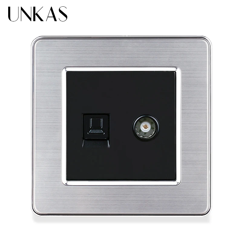 UNKAS Luxury Stainless Steel Panel RJ45 Internet Computer Jack With TV Port Wall Socket 86MM * 86MM Weak Electricity Outlet