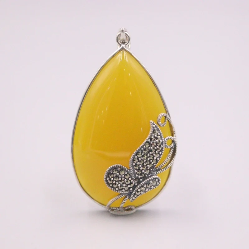 

New Fine Pure Sterling Silver S925 Yellow Chalcedony Pendant Women Men Water Drop Butterfly Figure Pendant 54*30mm