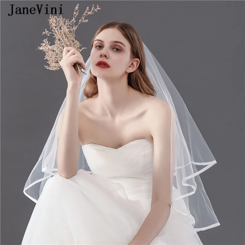 JaneVini Simple White Short Wedding Veil Two Layer Ribbon Edge Elbow Length Bridal Veil with Comb Soft Tulle Wedding Accessories