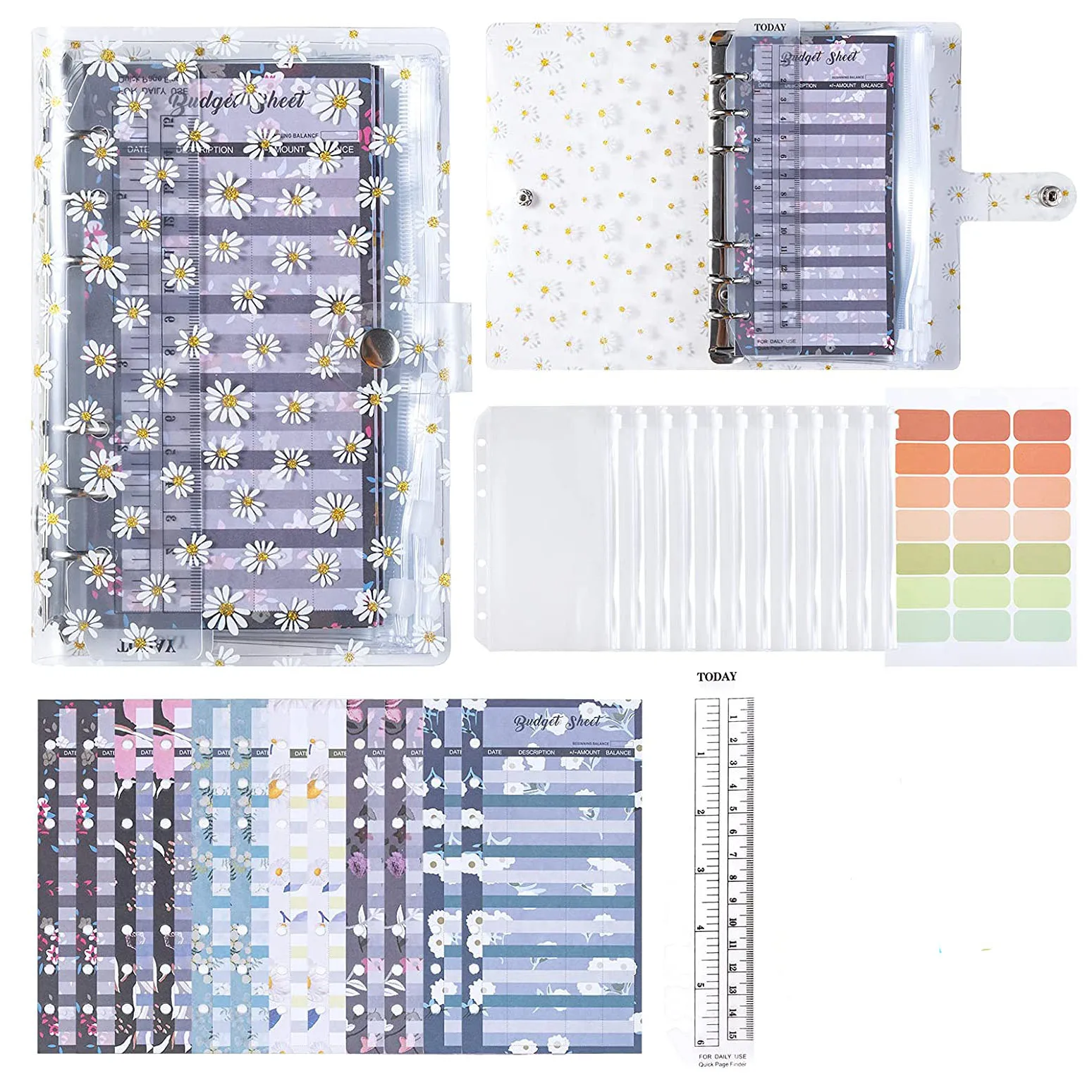 A6 Binder PVC Notebook Budget  Cash Envelopes System Planner Organizer with Binder Zipper Pockets, Budget Sheets, and Labels