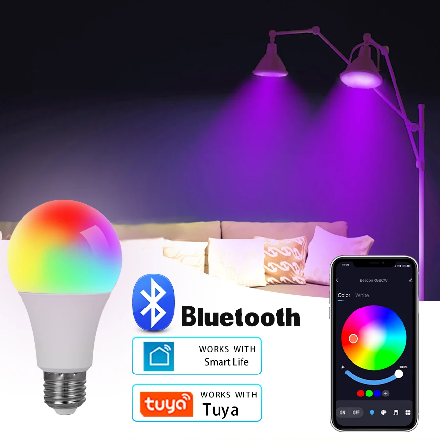 لمبة E27 LED الذكية RGB Tuya مصباح بلوتوث APP التحكم عكس الضوء أمبولة LED ضوء لمبة 15 واط المنزل غرفة نوم ديكور حفلات عيد الميلاد