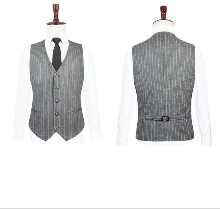 Popular Men's Double-breasted Gray Striped 3 Pieces Suits Peak Lapel Tweed Groom Dress Tuxedos