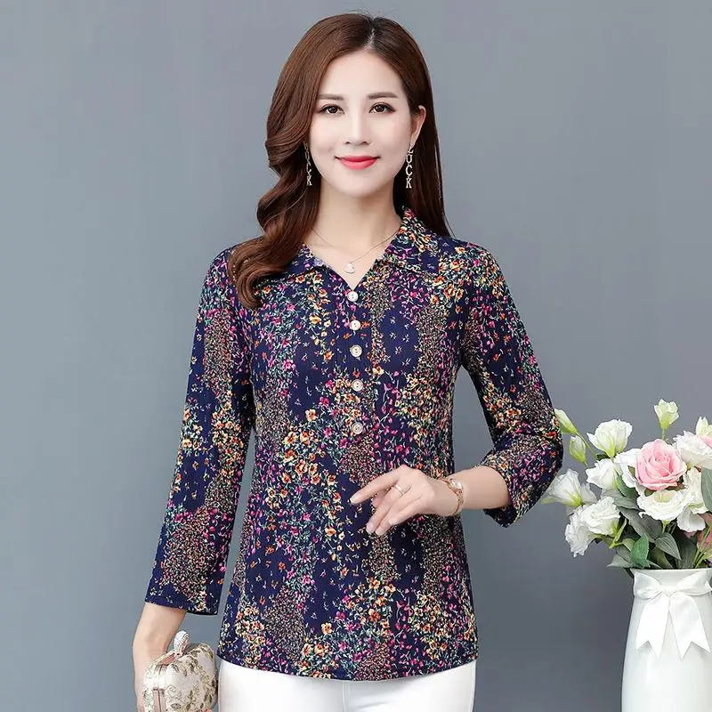 Fashion Flower Print Women Blouses Summer New Long Sleeve Chiffon Blouse Tunic Tops Middle Age Female Casual Ladies Shirts W56