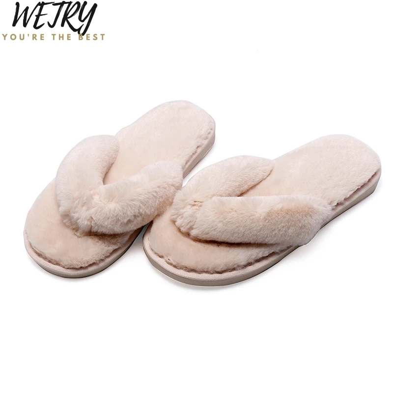 2020  Winter Women Home Slippers with Faux Fur Fashion Warm Shoes Woman Slip on Flats Female Slides Black Pink Plus Size 41