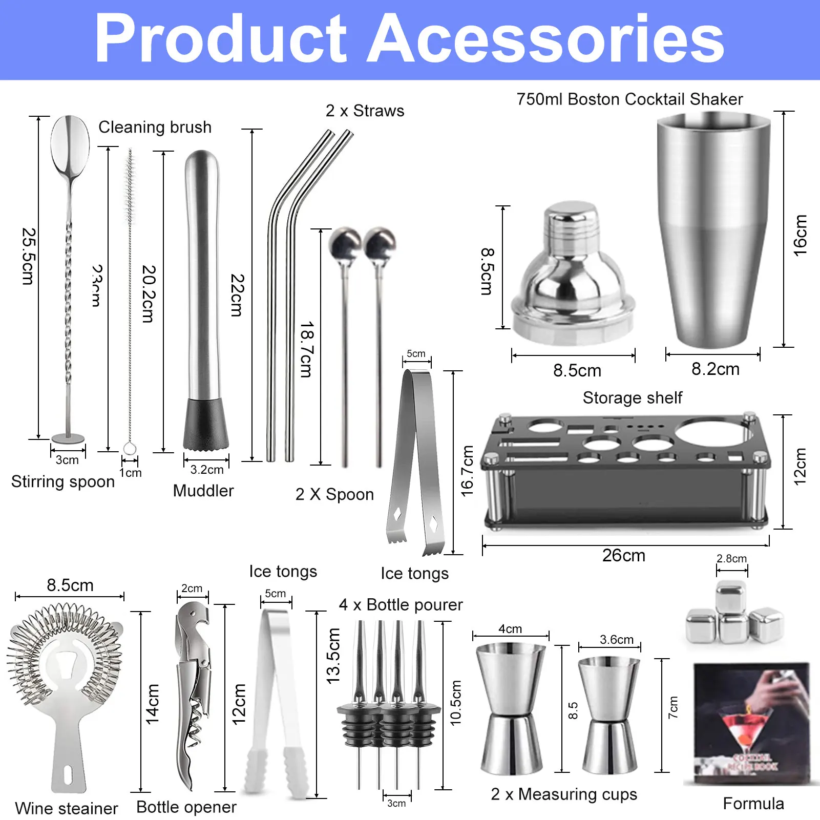 Cocktail Making Set Shaker Stainless Steel Bar Tool Bartender Kit ​with Display Stand Ice Cube Mixing Spoon Recipes Book Gift