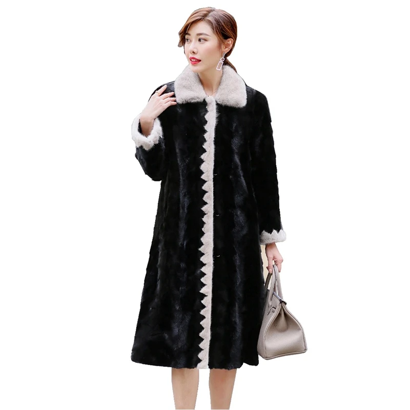 

110CM Genuine Mink Fur Coat Jacket Autumn Winter Women X-Long Outerwear 4XL 5XL LF9112