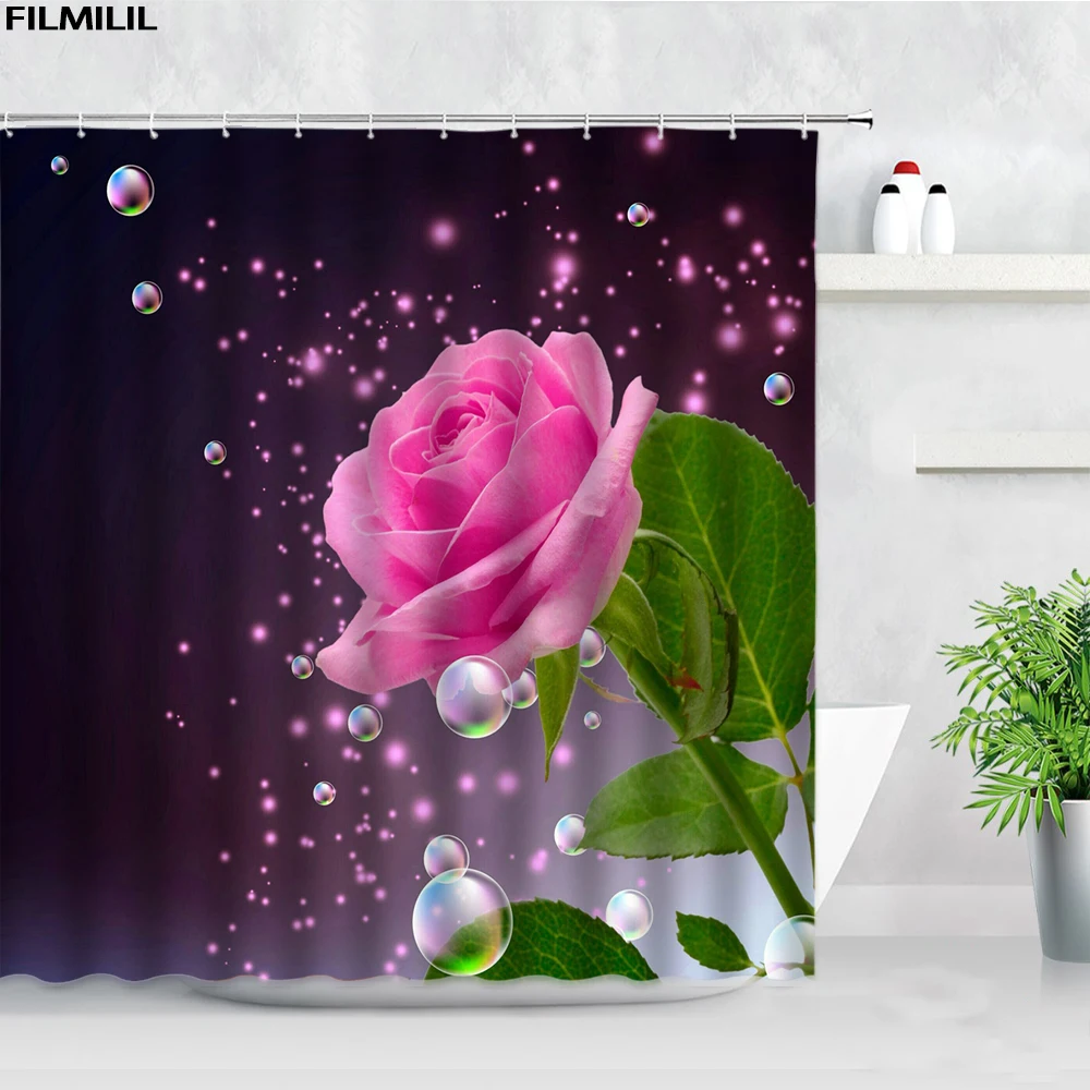 3D Pink Pink Rose White Daisy Orchid Flowers Shower Curtains Floral Plants Waterproof Bath Curtain Set Bathroom Decor With Hooks