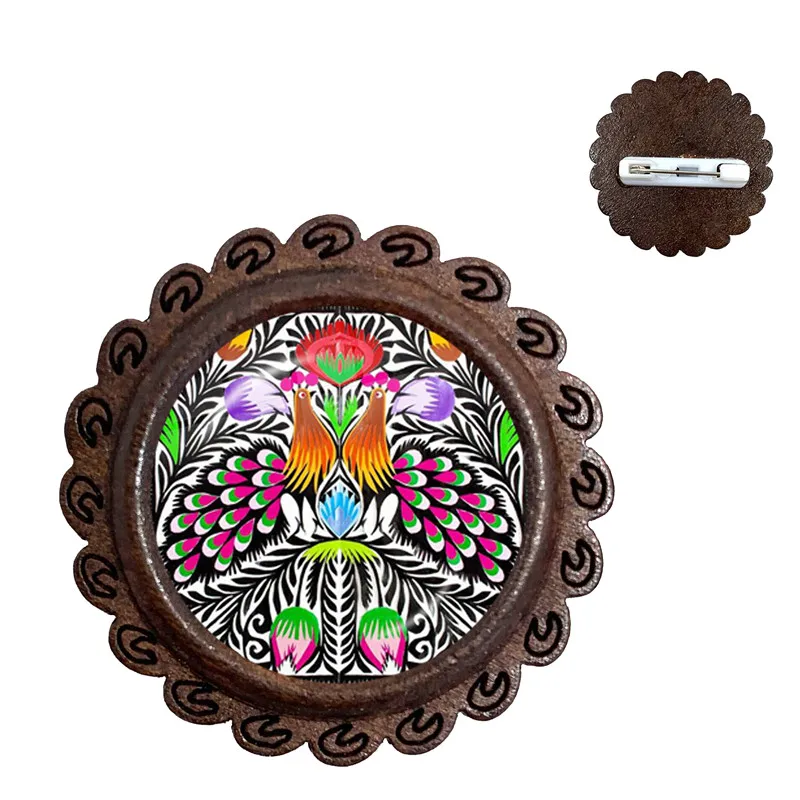 دبابيس زجاجية على الطراز البوهيمي ، نمط فن شعبي ، عرقي ، طباعة زهور ، ياقة خشبية مستديرة ، مجوهرات هدايا للنساء والرجال