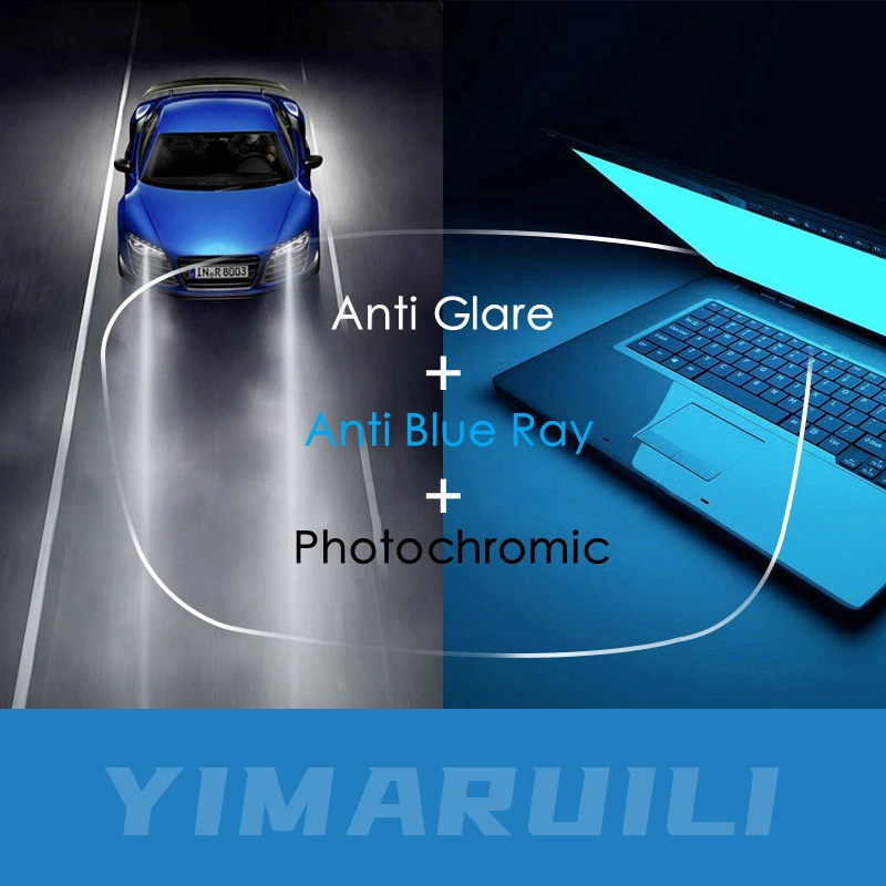Yimaruili 1.56/1.61/1.67 anti-luz azul + anti-reflexo + lente de condução fotocromática lente asférica anti-reflexo de alta definição