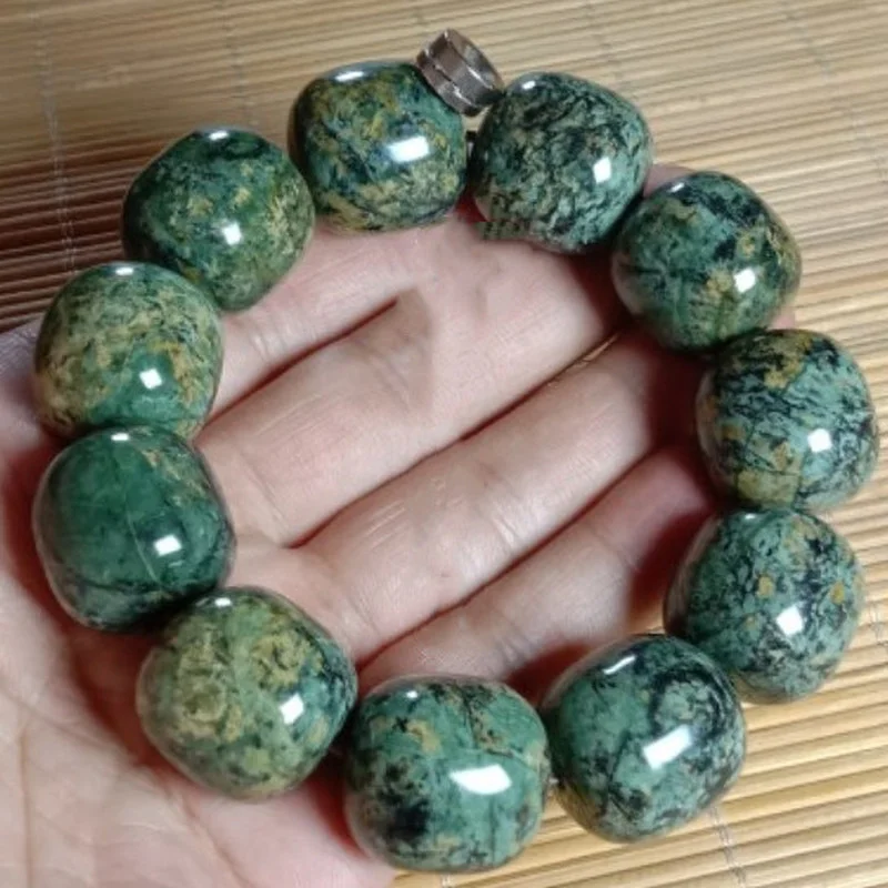 Natural Jade Tibetan Medicine King Stone Serpentine Gold Flower Old Bead Bracelet Men and Women Health Care Jewelry