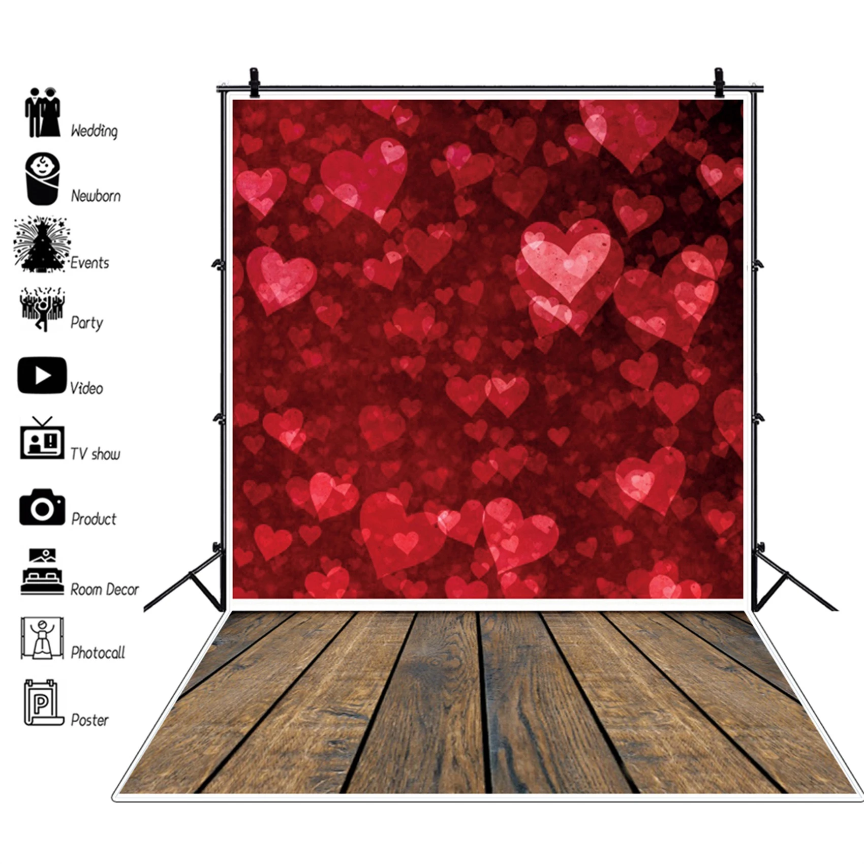 Valentine's Day Photography Backdrop Red Heart Glitter Wood Board Photographic Background For Photo Studio Booth Photophone Prop