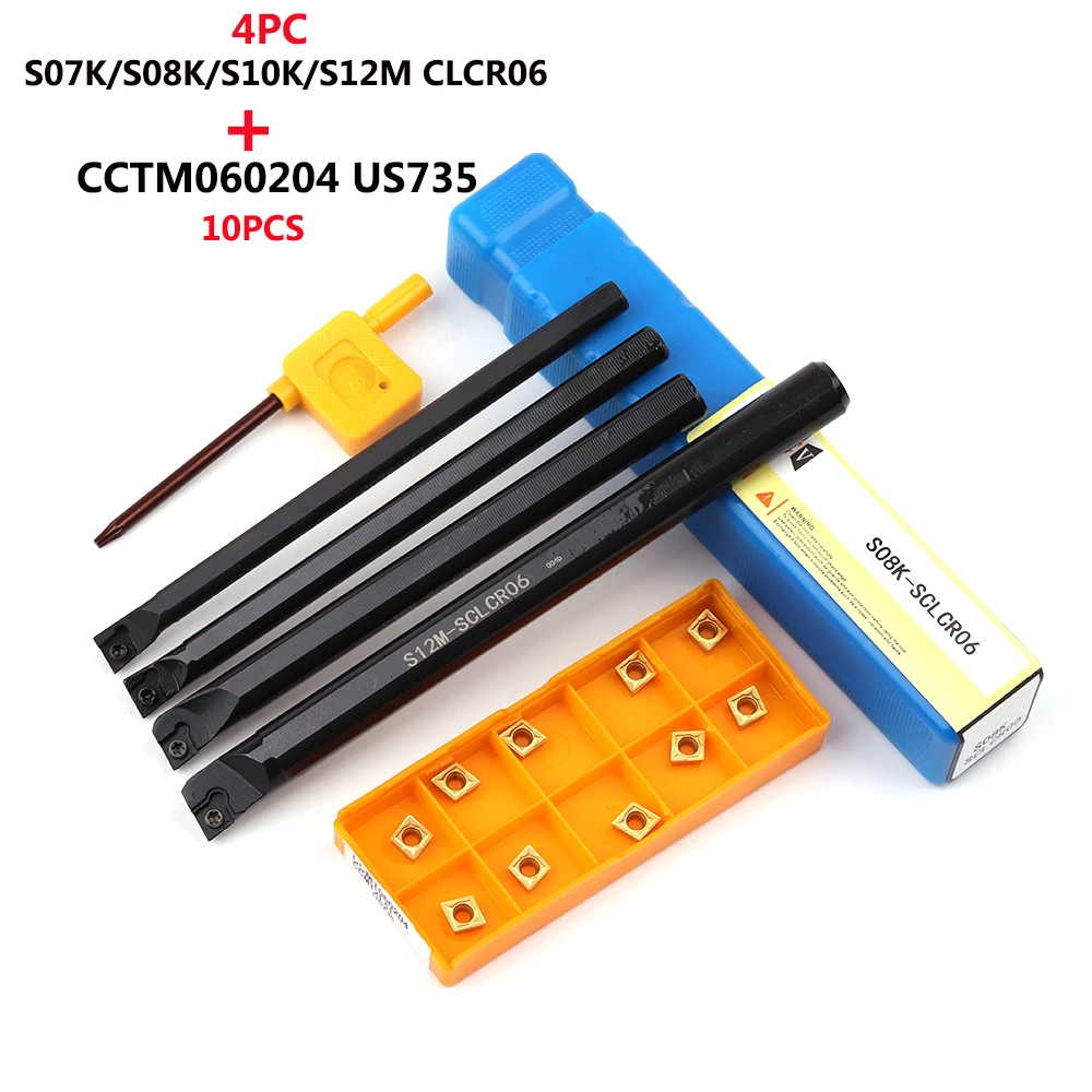 4PCS SCLCR06 S07K / S08K / S10K /S12M /95 degree turning tool holder boring bar + 10PCS CCMT060204 carbide insert lathe tool